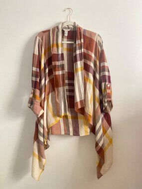 Plaid Open-Front Cardigan With Asymmetrical Hem & Roll-tab Sleeves Cato Size S